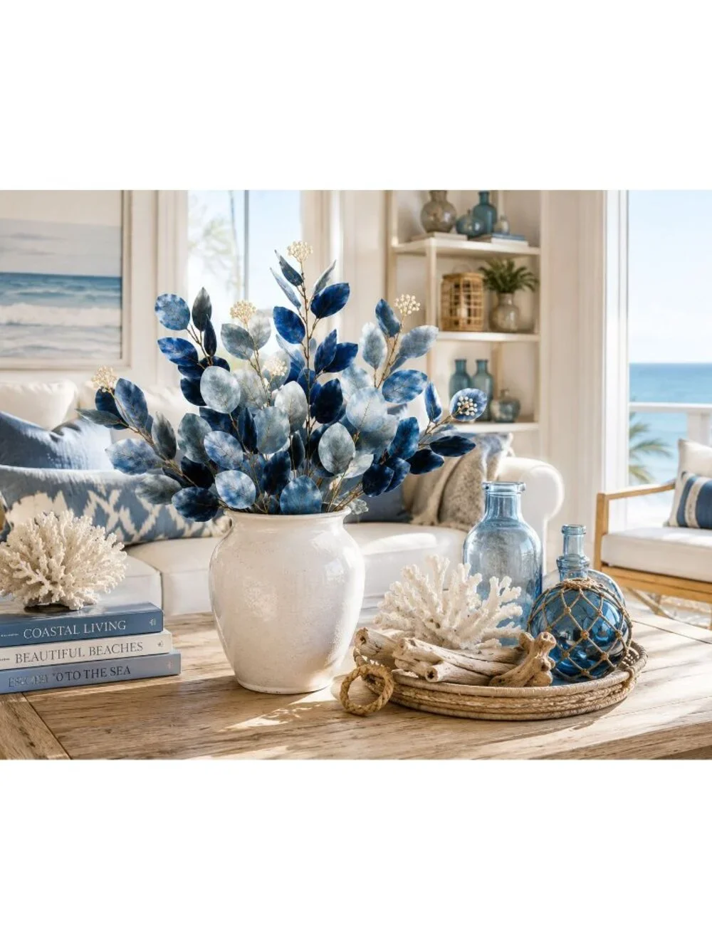 Blue Ombre Dollar Eucalyptus Stems, Faux Eucalyptus Branches, Artificial Greener